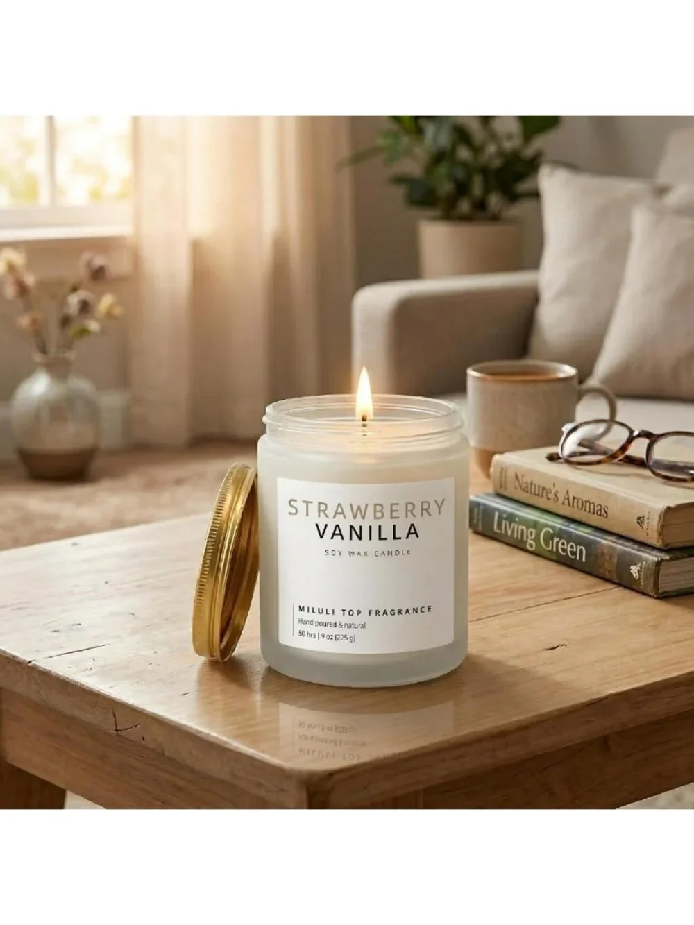 Strawberry Vanilla Aromatherapy Candle - 9oz Natural Soy Wax, 50H Clean Burn
